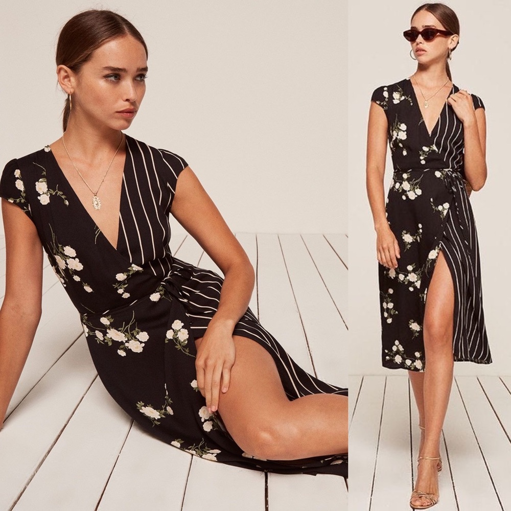 Reformation Black Floral Wrap Midi Dress